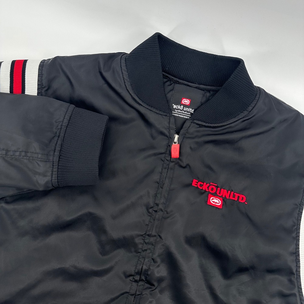 Ecko Unltd. Mens Bomber Jacket Black Red‎ White Striped Logo XL